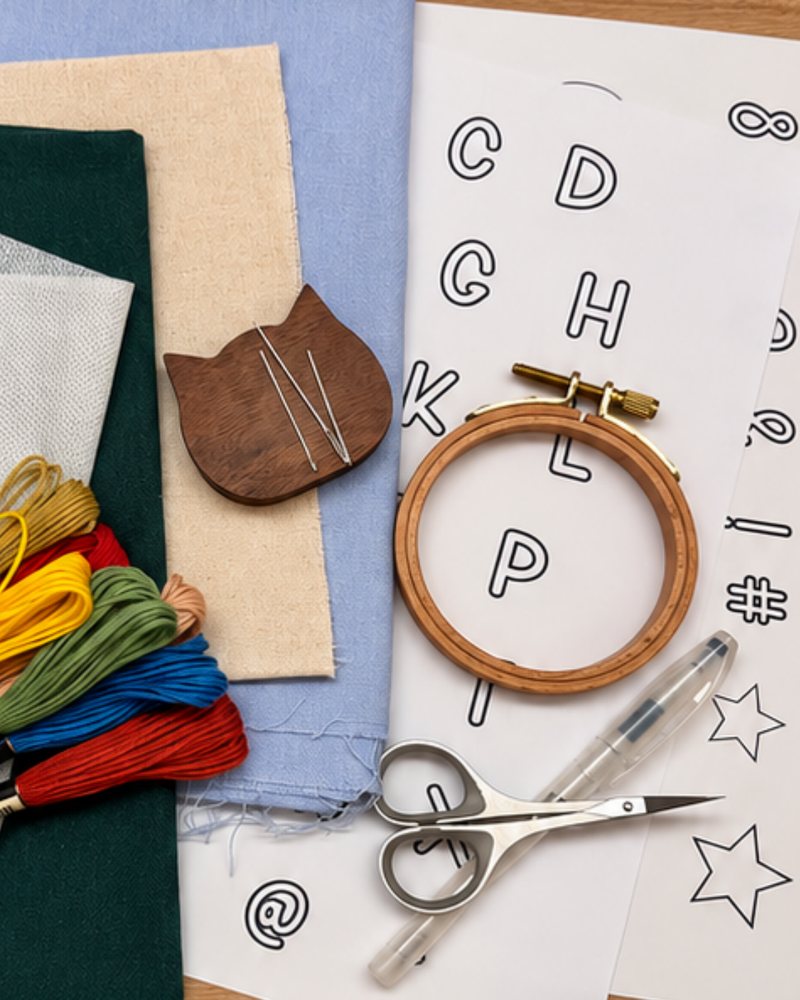Embroidery mini course materials: hoop, threads, fabric and needles