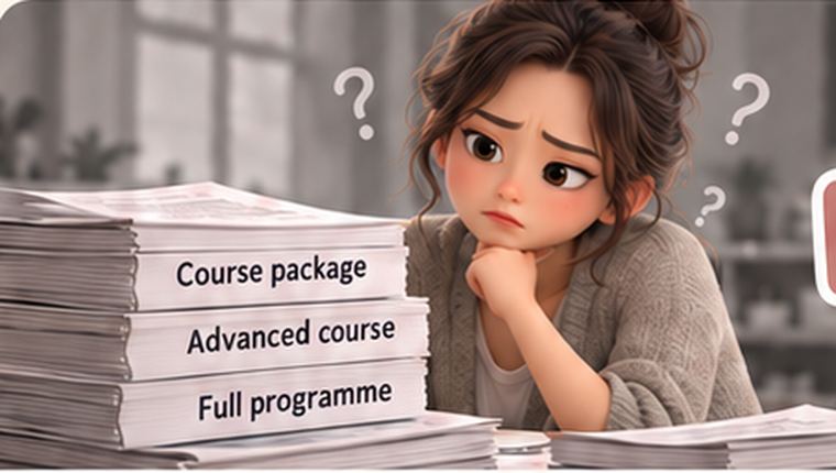 Illustration: a woman facing a stack of course packages and full programmes