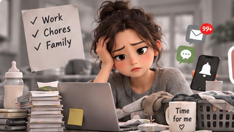 Illustration: a woman buried under work, chores and notifications, her coffee untouched