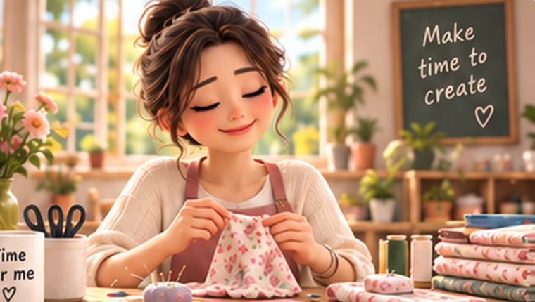 Illustration: the same woman at a studio table, quietly sewing a floral panel