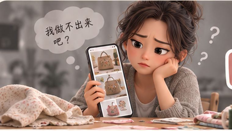 插画：女生看着手机里别人的作品，心里想「我做不出来吧？」