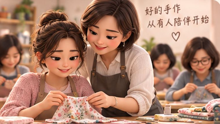 插画：导师俯身带着学员车缝，同桌还有其他学员