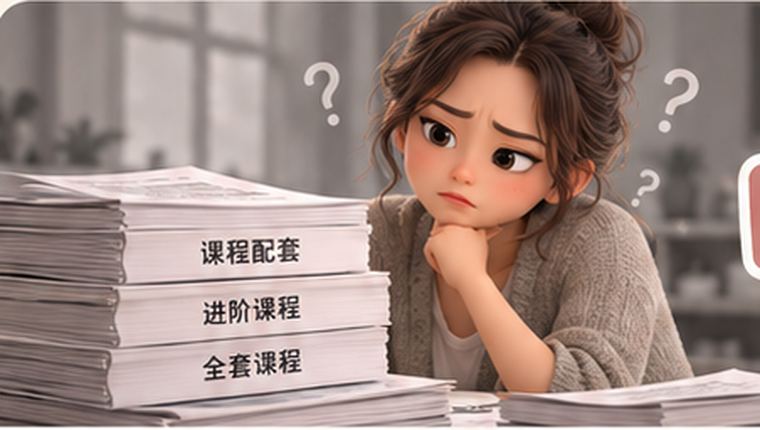 插画：女生对着一叠「课程配套、进阶课程、全套课程」发愁