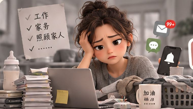 插画：一位女生被工作、家务与讯息淹没，桌上摆着还没喝的咖啡